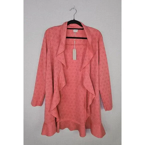 New Cupio Peach Solid Ruffle Scuba Floral Eyelet Open Front Blazer Jacket Large - Picture 8 of 15